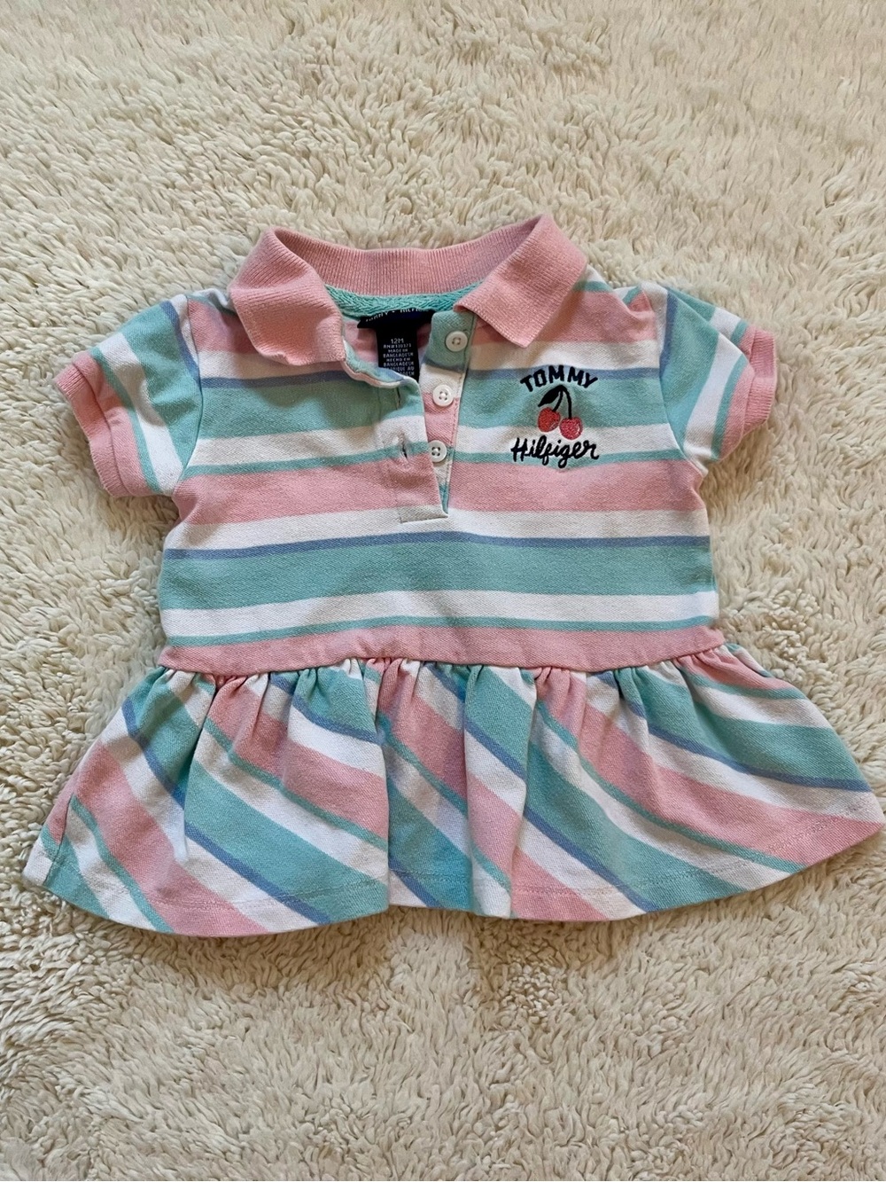 Tommy Hilfiger Pink, Mint & White Striped Polo Peplum Top Sz 12 Mo